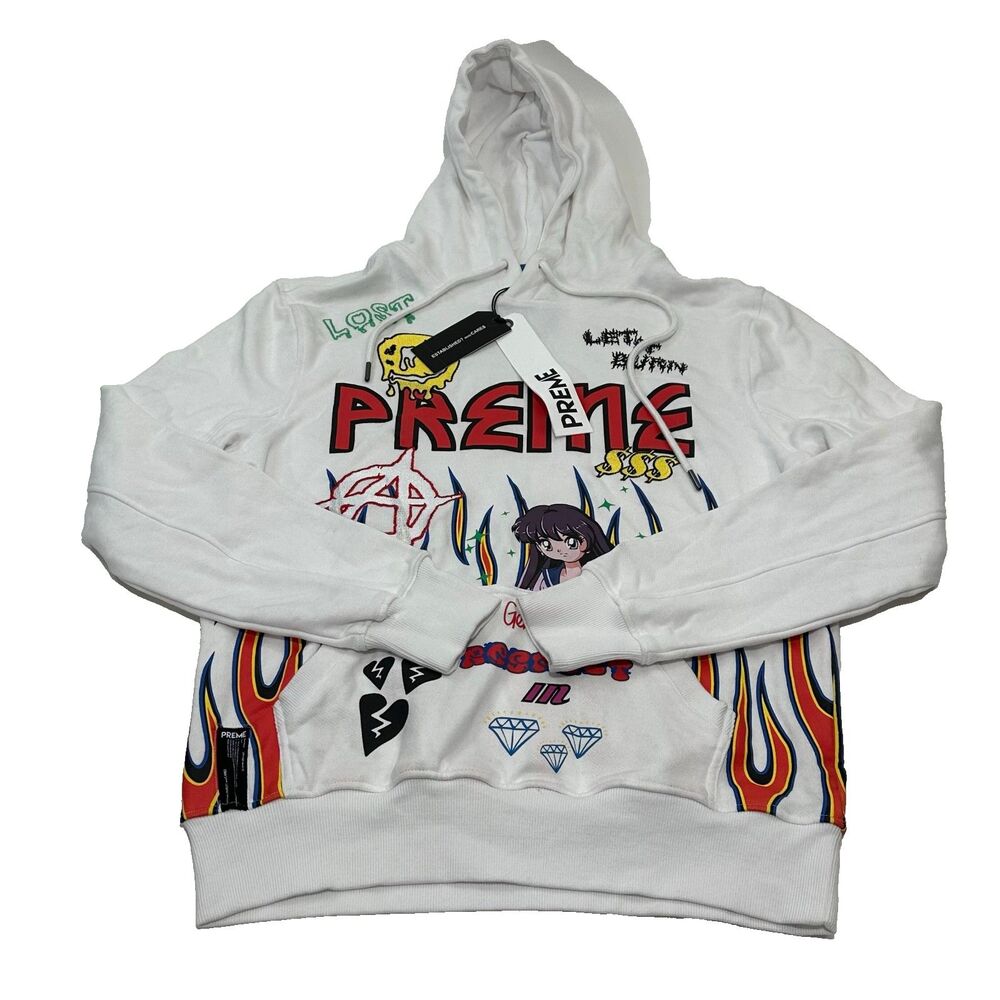 PREME Men's Hoodie White Graphic Anime Flame Pullover Streetwear, Size L
